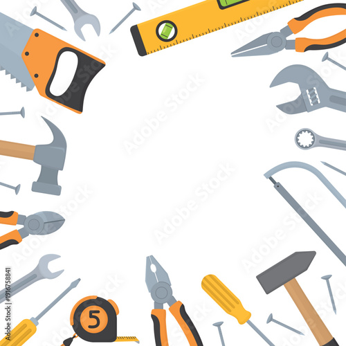 Frame with construction hand tools. Composition of tape measure, spirit level, pliers, saw, hammer, wrenches, screwdrivers, nails