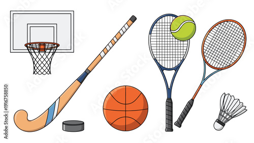 Diverse assortment of sports equipment, including a basketball hoop, field hockey stick, basketball, tennis, and badminton rackets.