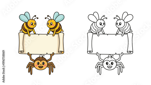 Two charming cartoon bees and a happy spider jointly hold a blank scroll, presented in both vibrant color and outline versions.