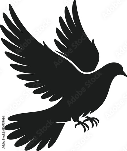 Black silhouette of a dove of peace bird in flight with wings spread wide and tail feathers fanned out on a white background