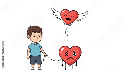 Somber boy holds a sad, chained heart while a happy, winged heart escapes, illustrating emotional separation and moving on.