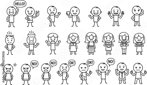 Cute stick figure characters expressing different emotions, black and white cartoon doodle set with happy sad angry reactions