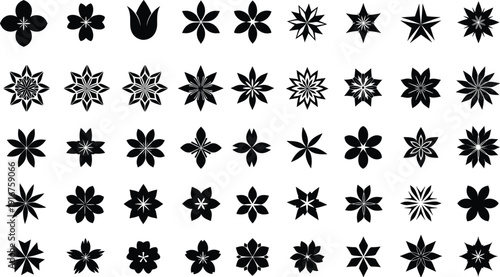 Black floral silhouette collection of decorative flower shapes and ornamental blossom icons isolated on white background for design use branding