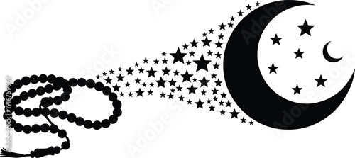 islamic prayer beads tasbih with crescent moon and stars ramadan spiritual symbol black white vector illustration design
