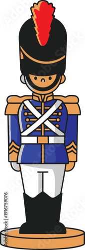 Nutcracker toy soldier figure with a distinctive tall hat featuring a red plume stands firmly on a circular base.