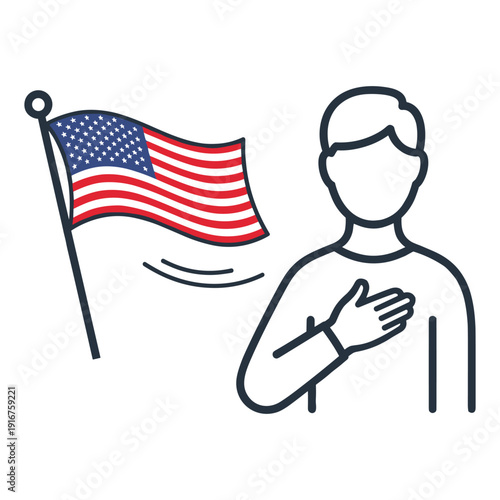 Person pledging allegiance to the American flag, vector illustration