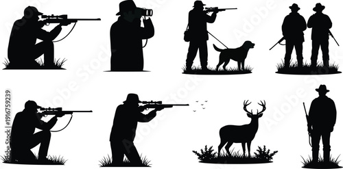 Collection of black hunter silhouettes featuring men with sniper rifles, hunting dogs, deer, and wildlife photographers isolated on white background.