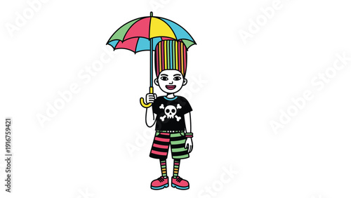 Stylish young boy with vibrant, colorful hair holds a rainbow umbrella, wearing a skull t-shirt, showcasing unique style.