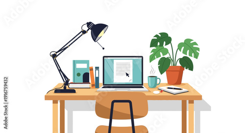 A well-lit wooden desk with a laptop and lamp.