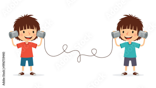 Two happy boys communicate playfully using classic tin can telephones, with the connecting string forming a charming loop.
