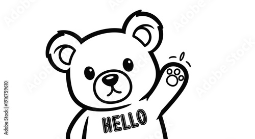 Adorable cartoon teddy bear waving its paw and greeting with 'HELLO' text, in line art style on an isolated white background.