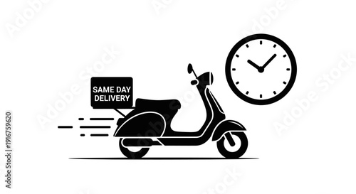 Same Day Delivery Scooter with Clock Icon in Black Silhouette on Isolated White Background