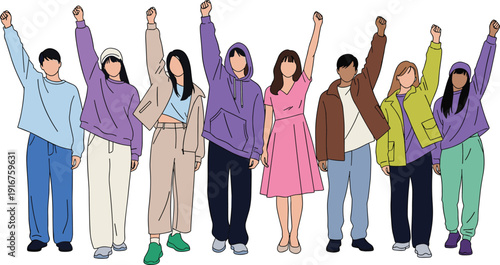 Diverse young people raising fists together, unity and empowerment concept, flat vector illustration of solidarity and teamwork