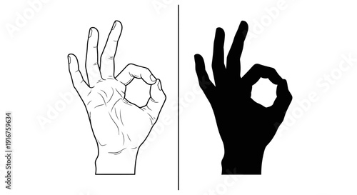 Line art and solid silhouette of a hand making the OK gesture, signifying approval and agreement on an isolated white background.