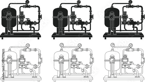 Industrial water pump system silhouette and outline icons set with pressure gauges pipes and tanks isolated on white background for engineering