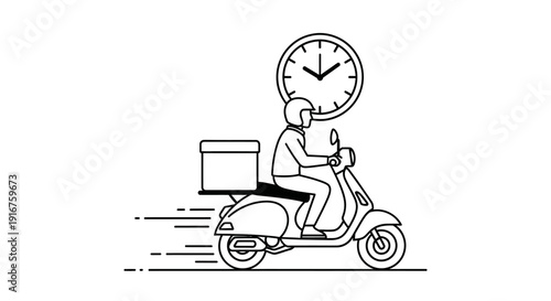 Outline illustration of a person on a scooter delivering a package with a clock icon, symbolizing fast and timely delivery service on an isolated white background.