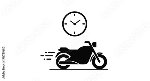Dynamic black silhouette of a delivery motorcycle with a clock icon and speed lines, representing fast and efficient delivery service on an isolated white background.