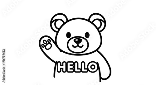 Cute Teddy Bear Face with Hello Text, Friendly Greeting Expression Line Art on Isolated White Background