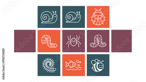 Grid of charming outline insect and animal icons, including snail, ladybug, worm, spider, fish, and bee, on colored squares.