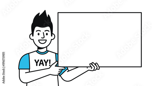 Cheerful young boy with "YAY!" on his shirt holds up a blank white board, ready for a personalized message or announcement.