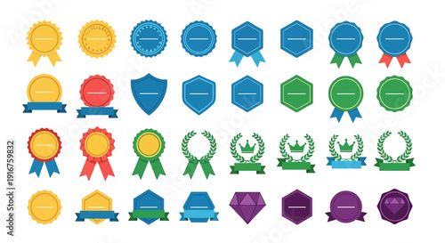 Collection of colorful award badges ribbons and shields on white background for recognition achievement and success concepts