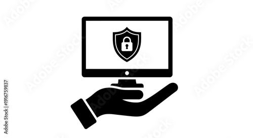 Hand Holding Monitor with Security Shield Padlock Display Isolated White Background