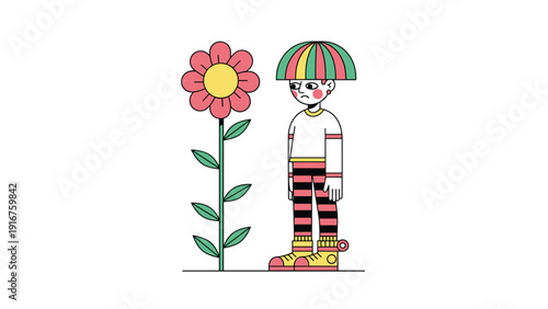 Melancholy boy with a colorful hat and striped attire gazes sadly at a tall, blooming flower, conveying introspection.