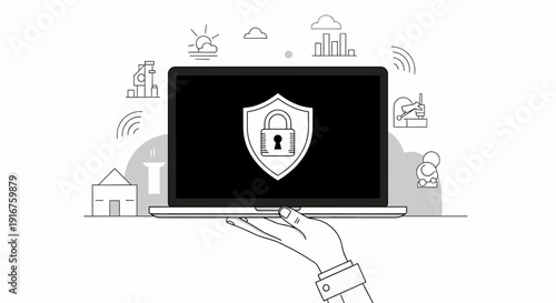 Hand Interacting with Laptop Showing Security Shield Padlock on Bright Background