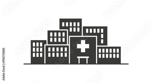 Complex of hospital buildings with medical cross on isolated white background.