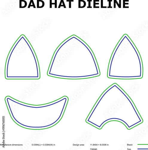 A technical drawing of a dad hat dieline template with measurements