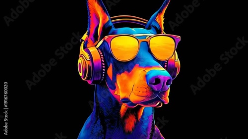 Neon Doberman Dog DJ Wearing Headphones and Sunglasses Pop Art Portrait