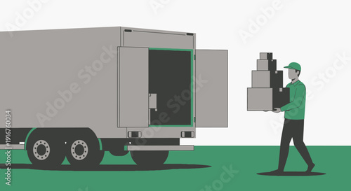 Delivery Man Unloading Cardboard Boxes from a Gray Freight Truck, Logistics Service in a Bright Studio.