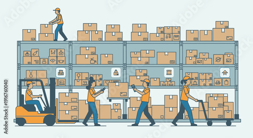 Busy Warehouse Workers Managing Inventory with Forklift and Hand Trucks Stacking Boxes on Shelves