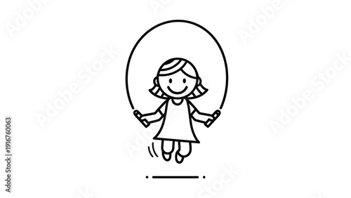 Simple black and white outline drawing of a joyful girl happily engaged in jump-roping, depicting energetic play.