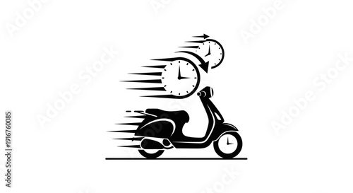 Fast Delivery Scooter with Clock and Speed Lines, Representing Quick and Timely Courier Service on Isolated White Background.
