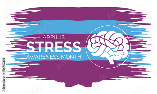 Vector graphic of April Stress Awareness Month banner collection featuring expressive brush strokes, brain icons, and human silhouettes in modern flat vector style with bold contrast colors.