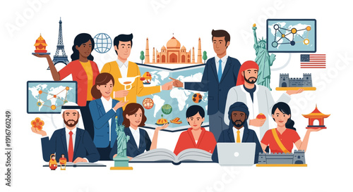 Diverse business team exploring global connections and cultural exchange