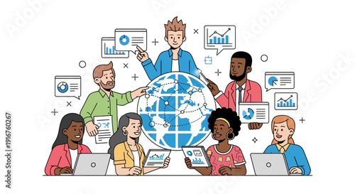 Diverse team collaborating on global business project with graphs
