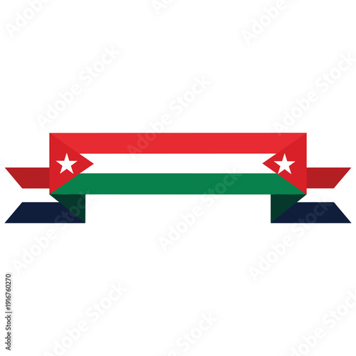 Geometric Ribbon Banner with Jordanian Flag Elements and Stars on White Background