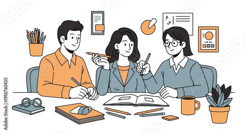 Diverse team collaborating on project with books and stationery