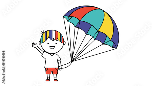 Smiling cartoon boy with vibrant striped hair holds a large, multicolored parachute while cheerfully waving his hand, depicting childhood joy and adventure.