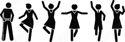 People silhouettes dancing and celebrating, black vector icon set of happy men and women isolated on white background