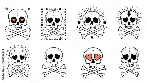 Collection of eight detailed skull and crossbones designs, featuring variations with stars and hearts in eye sockets, perfect for Halloween, pirate, or tattoo-inspired themes.
