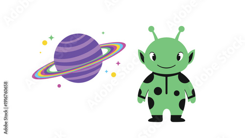 Friendly green alien with black spots stands next to a vibrant striped planet with rainbow rings and sparkling stars, symbolizing extraterrestrial life.