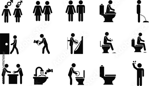 Public restroom hygiene icons set, toilet usage and handwashing symbols, black silhouette vector illustration for sanitation awareness