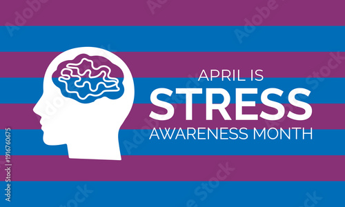 Vector graphic of April Stress Awareness Month banner collection featuring expressive brush strokes, brain icons, and human silhouettes in modern flat vector style with bold contrast colors.