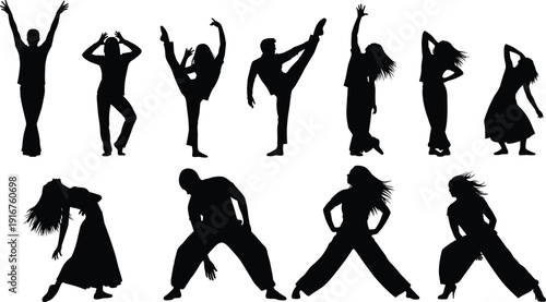 Black and White Modern Dancer Silhouette Set Featuring Various Contemporary Poses for Artistic Logo Performance Stencil