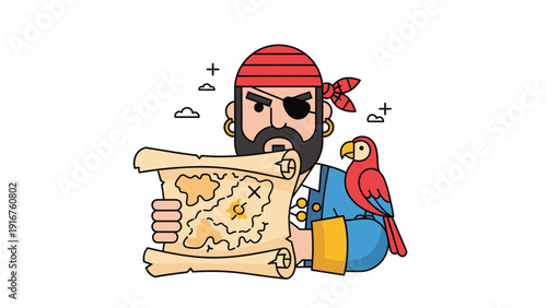 Stern bearded pirate with an eye patch and a red bandana holds a treasure map, with a colorful parrot perched on his shoulder, ready for adventure.