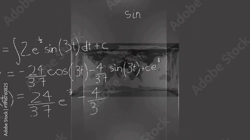 Animation of mathematical data processing over world map on grey background