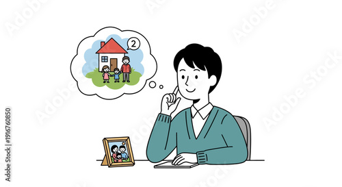 Man imagines happy family in dream home while looking at photo